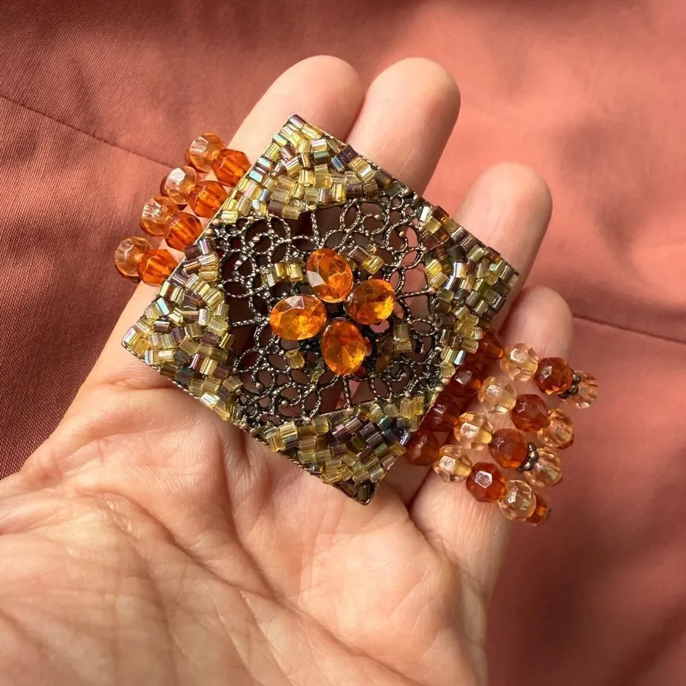 Y2K Multi-stranded Bracelet with a faux Amber Glass, Gems Statement Pendant